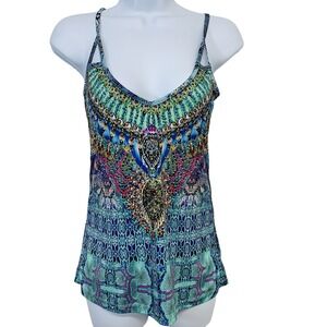 Venus Beaded  Tank Top Woman Small Feminine Stretch Boho Y2K Fairycore Tropical